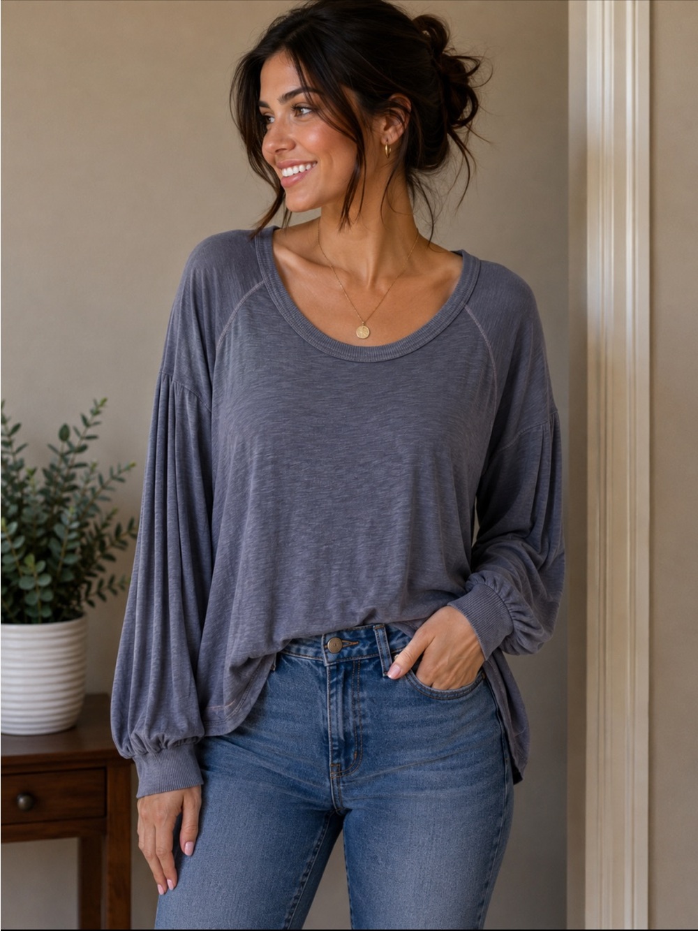 Splendid Relaxed Scoop Neck Balloon Sleeve Top - Gray